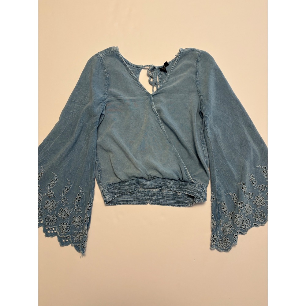 D&KADE Wrap Top Women S Blue Chambray Eyelet Bell Sleeve Open Back Boho